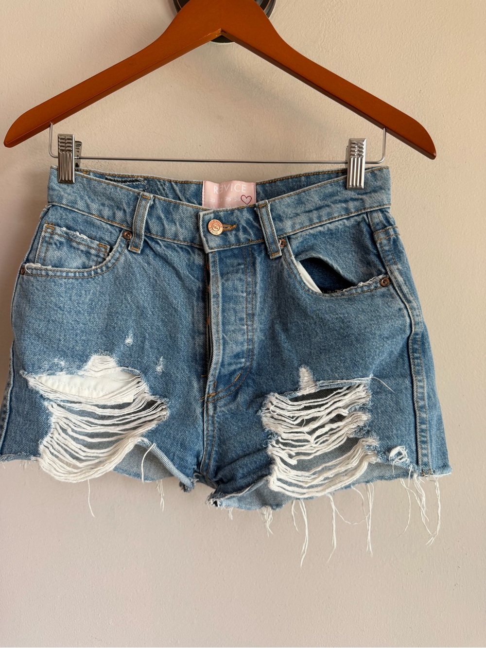 Revice Distressed High-Rise Denim Jean Shorts - Light Blue